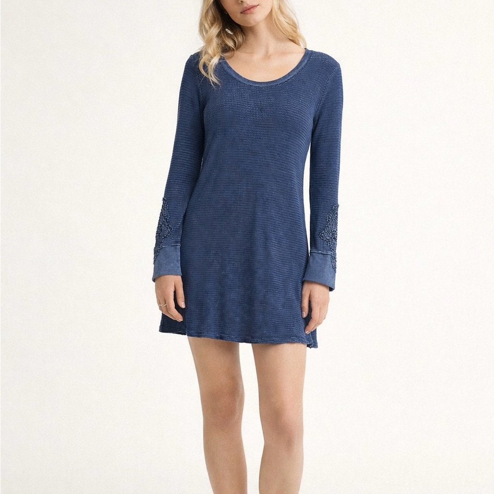 ABLE Blue Waffle Knit Thermal Tunic Dress Cottagecore Boho Sleeves Sz Small
